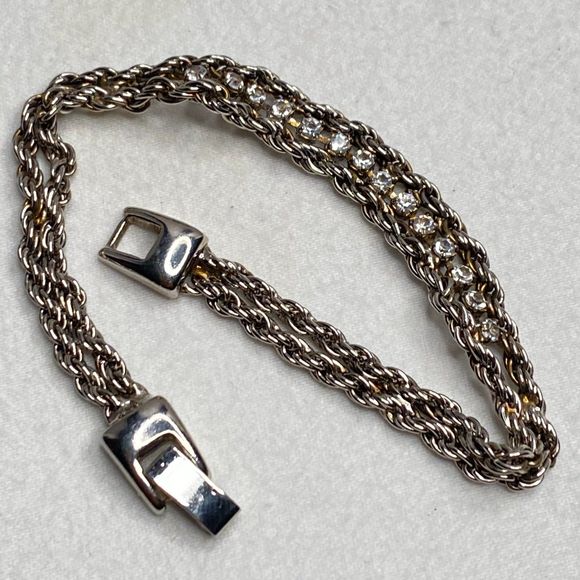 Silver Tone Double Chain Bracelet Sprial Strands Row Of Small Clear Rhinestones - Picture 7 of 11